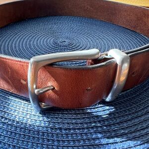 VTG GAP Cognac Brown Genuine Leather Belt Solid Brass Silver Buckle 34 Waist